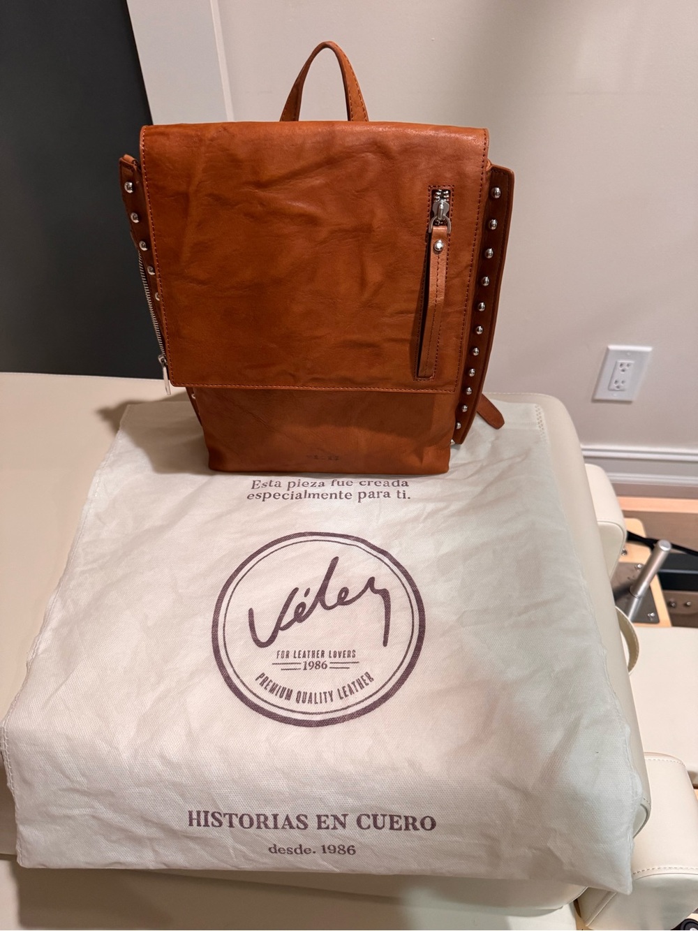 Tan Leather Backpack with Stud Accent